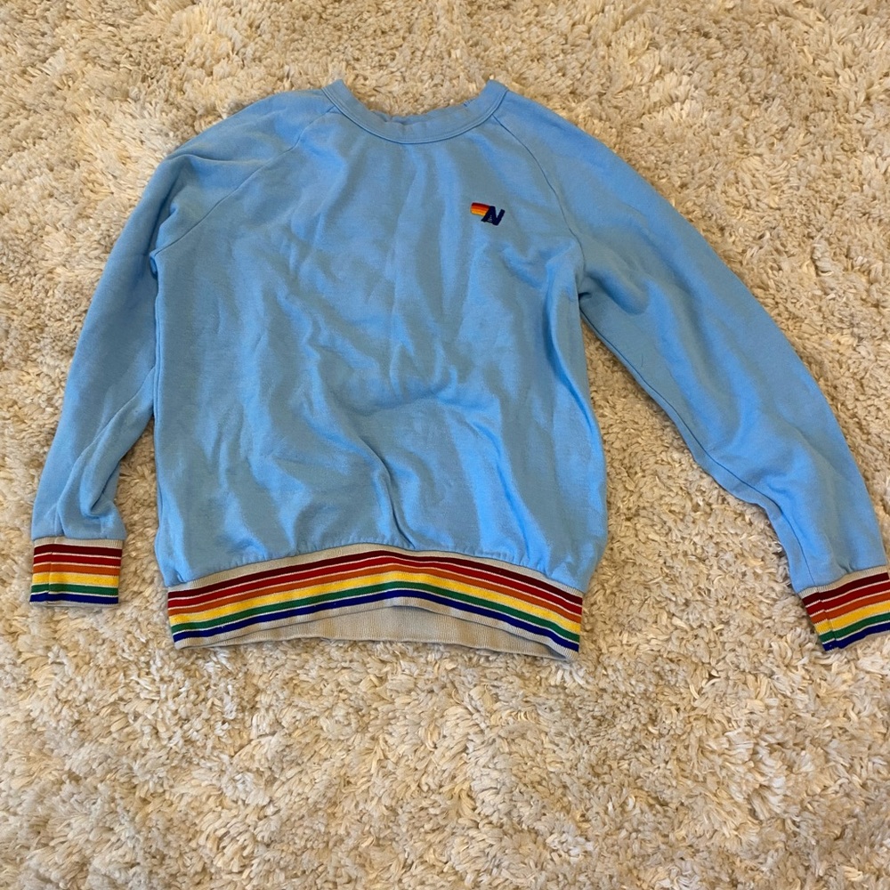 Aviator Nation Light Blue Sweatshirt with Rainbow Accents